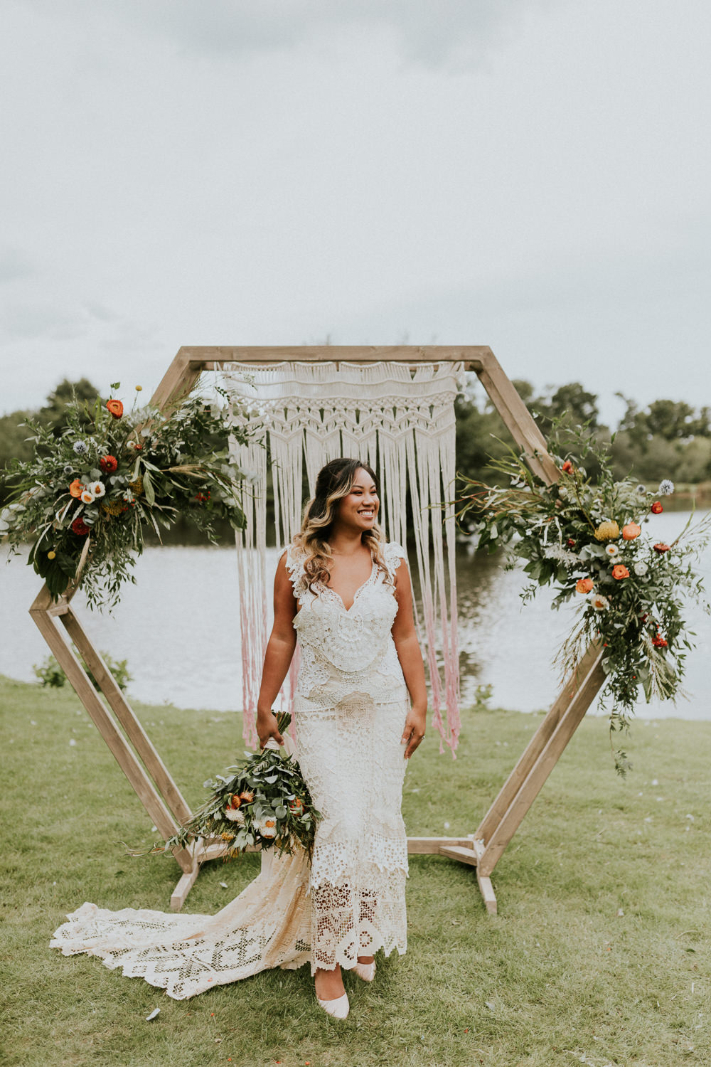 Dress Gown Bride Bridal Lace Boho Fringe Tassel Hexagon Flower Arch Backdrop Flowers Macrame Campervan Wedding Ideas Heather Sham