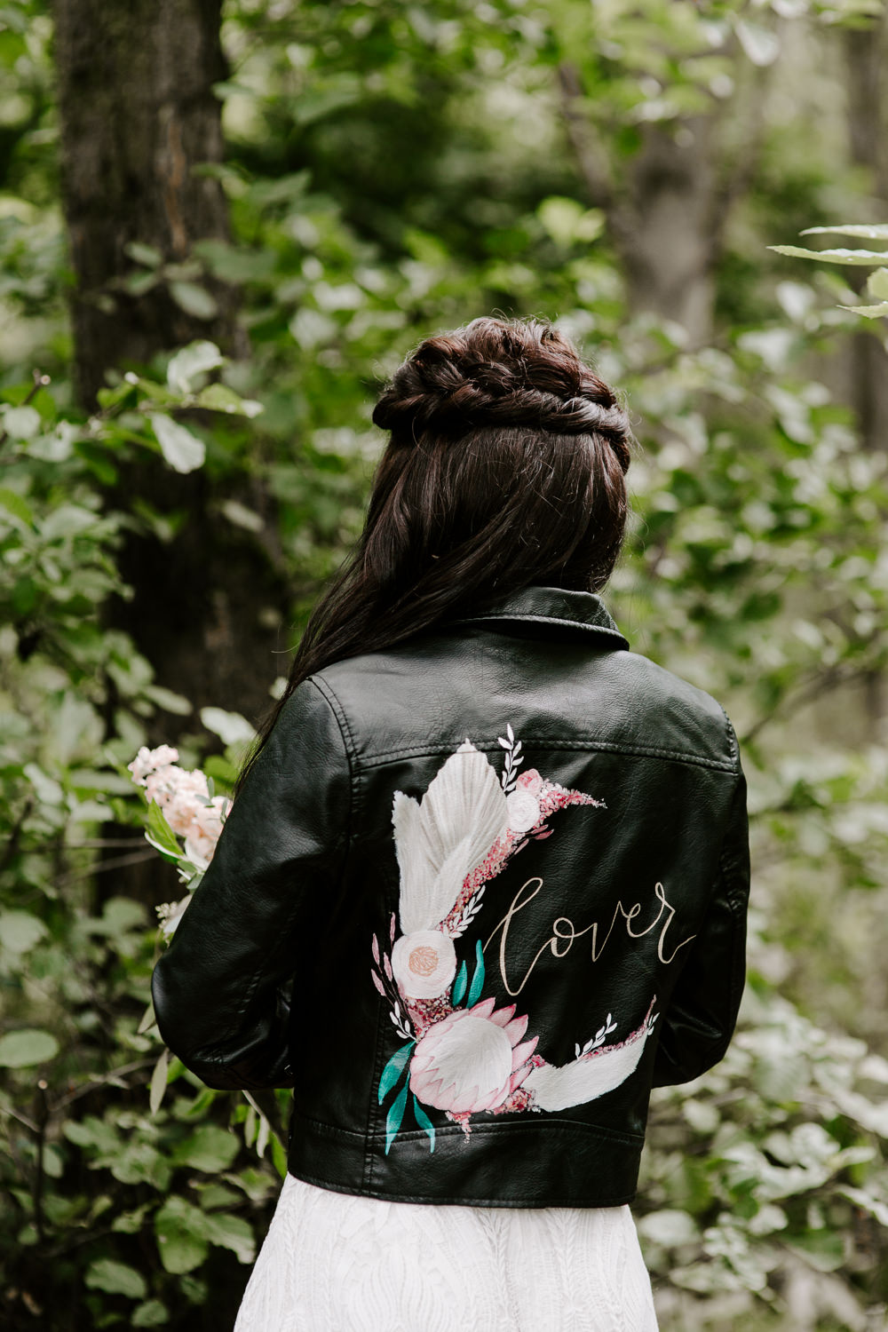 Bride Bridal Leather Jacket Painted Dark Pink Wedding Ideas Caroline Opacic Photography