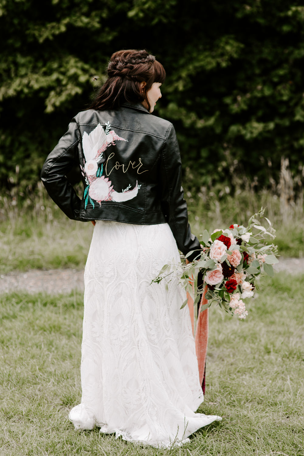 Bride Bridal Leather Jacket Painted Dark Pink Wedding Ideas Caroline Opacic Photography