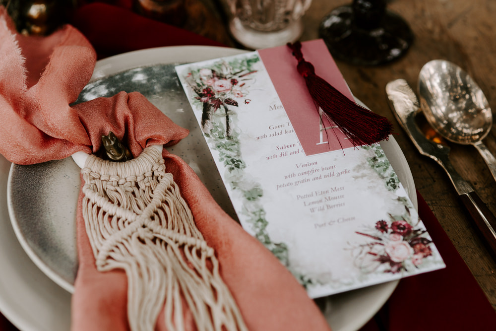 Place Setting Decor Macrame Napkin Rust Dark Pink Wedding Ideas Caroline Opacic Photography