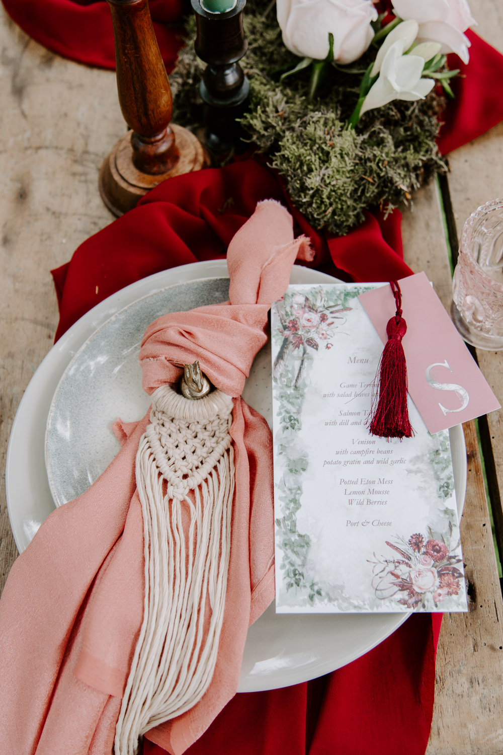 Place Setting Decor Macrame Napkin Rust Tassel Place Name Dark Pink Wedding Ideas Caroline Opacic Photography