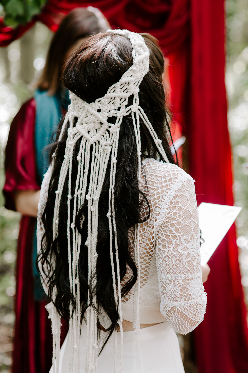 Macrame Hair Accessory Bride Bridal Dark Pink Wedding Ideas Caroline Opacic Photography