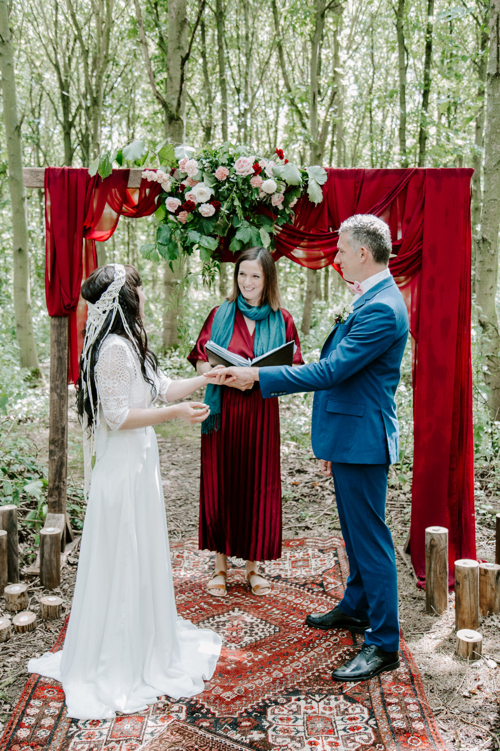 Ceremony Woods Woodland Backdrop Flower Arch Dark Pink Wedding Ideas Caroline Opacic Photography