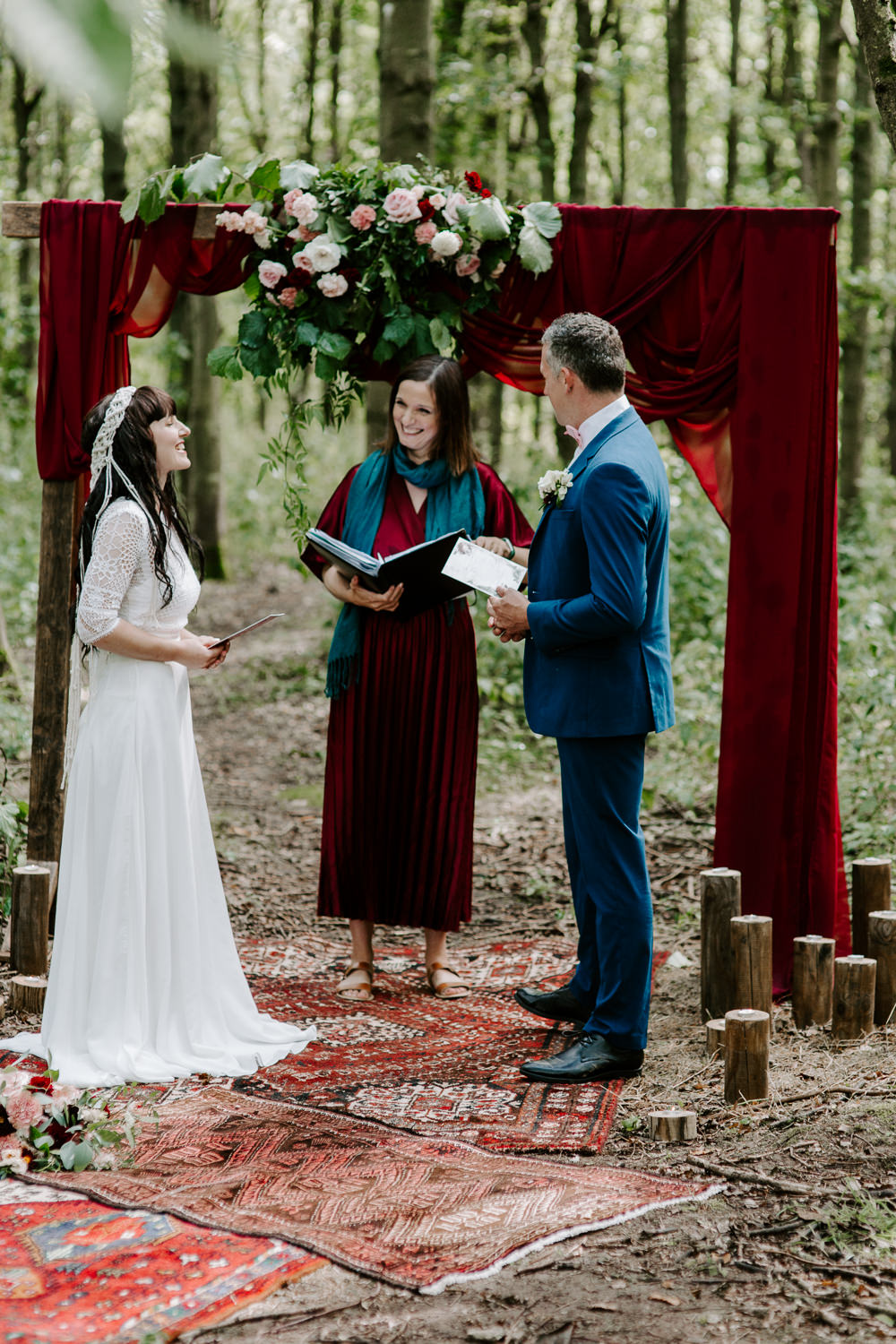 Dark Pink Wedding Ideas Caroline Opacic Photography Ceremony Woods Woodland Backdrop Flower Arch
