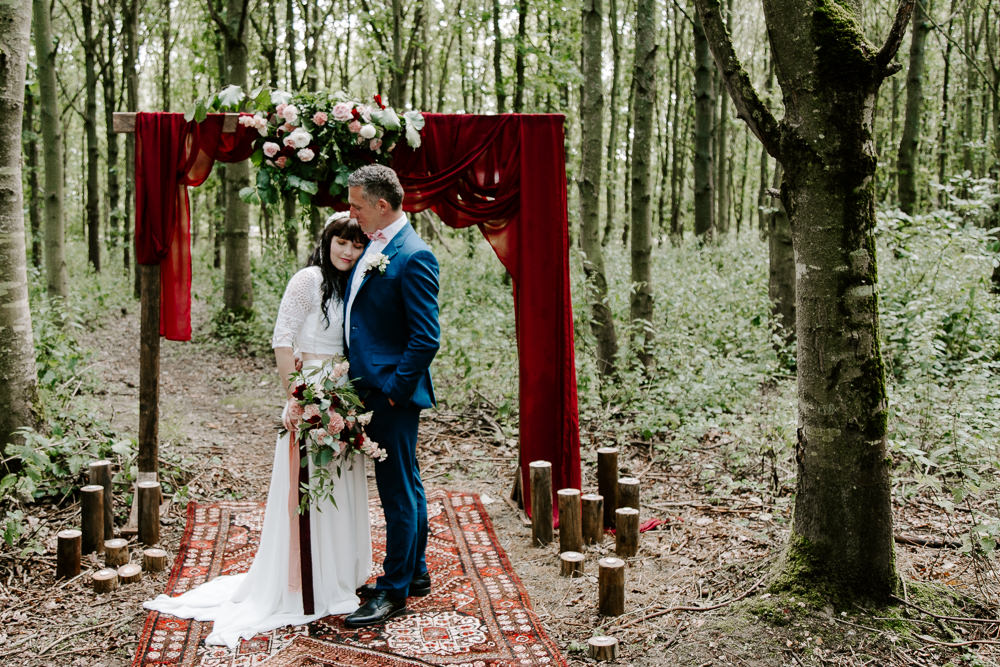 Ceremony Woods Woodland Backdrop Flower Arch Dark Pink Wedding Ideas Caroline Opacic Photography