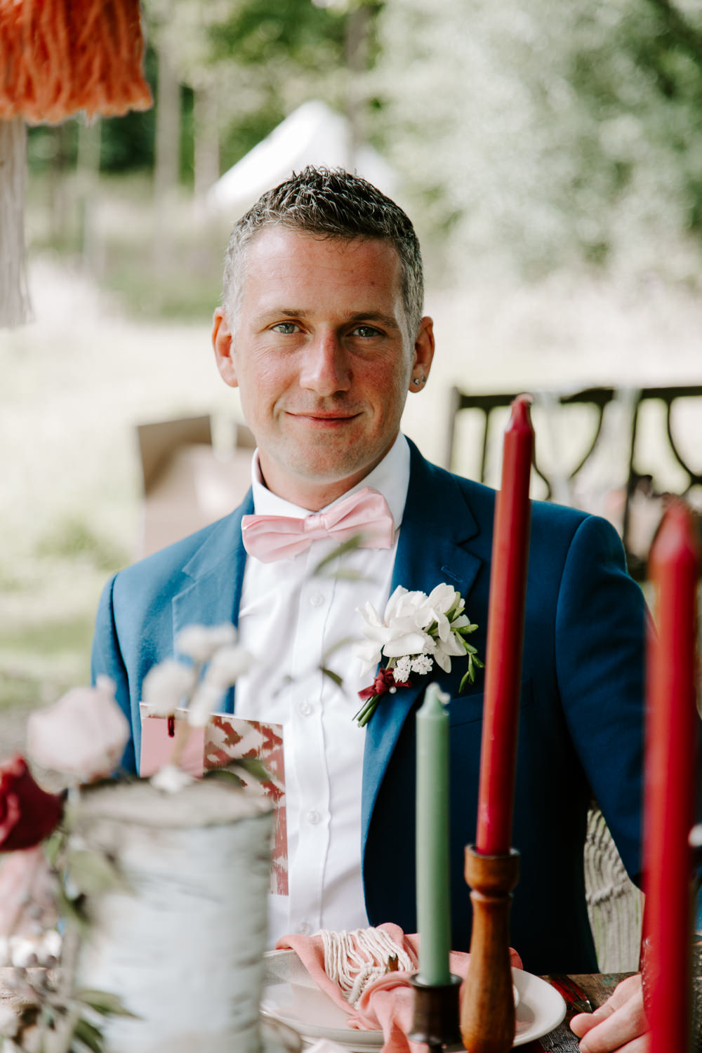 Groom Blue Suit Bow Tie Dark Pink Wedding Ideas Caroline Opacic Photography