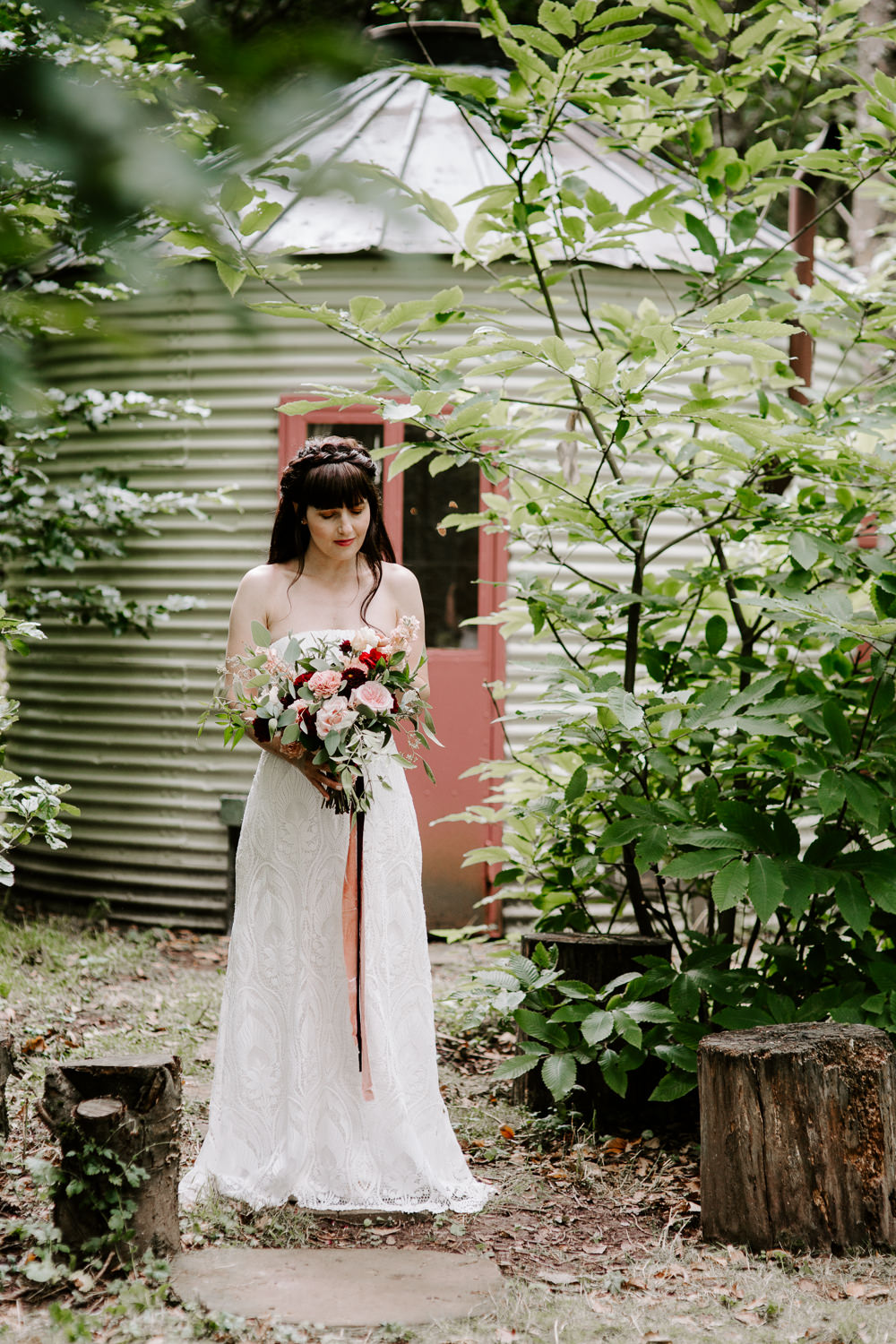 Dress Gown Bride Bridal Strapless Lisa Lyons Dark Pink Wedding Ideas Caroline Opacic Photography