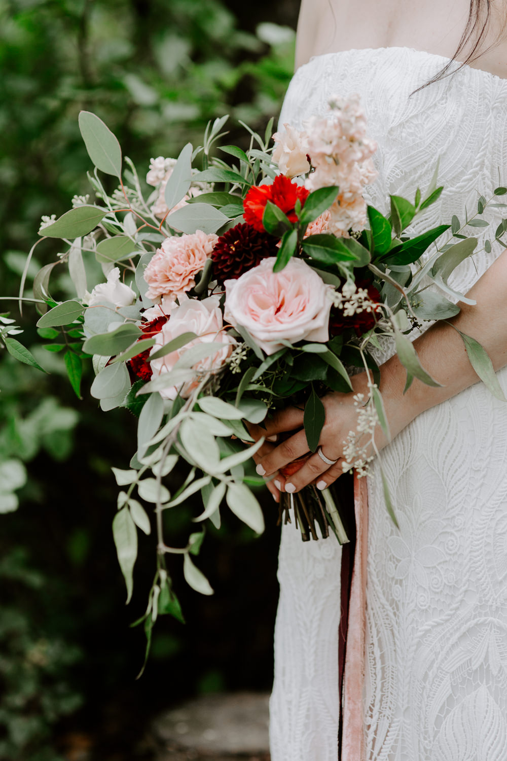 Bouquet Flowers Bride Bridal Rose Greenery Ribbon Dark Pink Wedding Ideas Caroline Opacic Photography