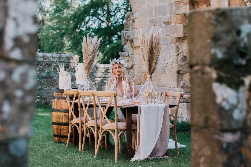 Table Tablescape Decor Pampas Grass Candles Macrame Silk Runner Earthy Boho Wedding Natalie Hamilton Photography