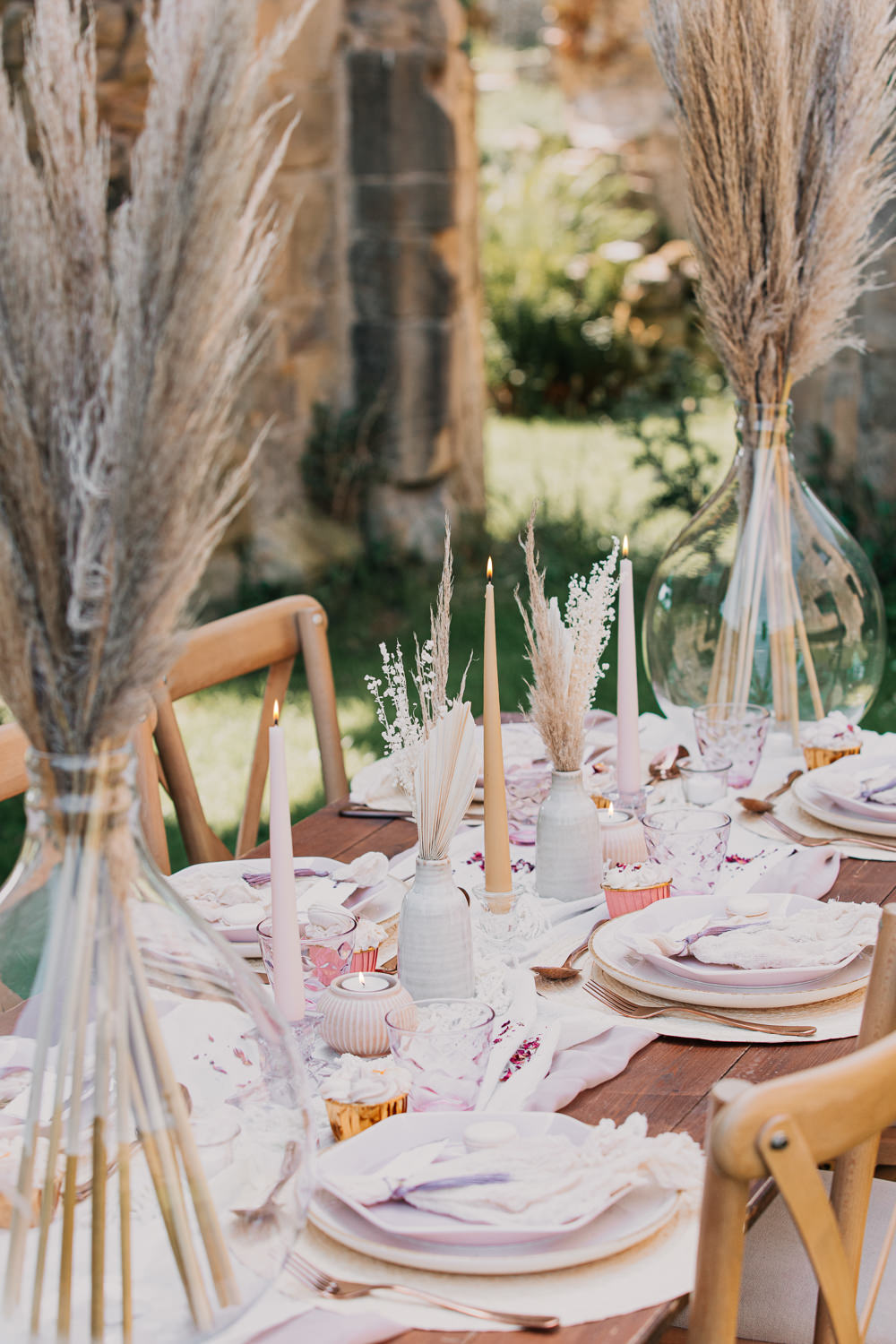 Table Tablescape Decor Pampas Grass Candles Macrame Silk Runner Earthy Boho Wedding Natalie Hamilton Photography