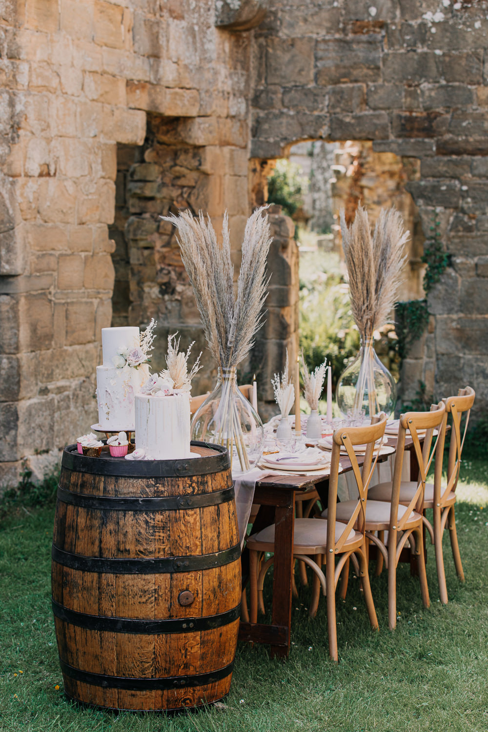 Table Tablescape Decor Pampas Grass Candles Macrame Silk Runner Earthy Boho Wedding Natalie Hamilton Photography