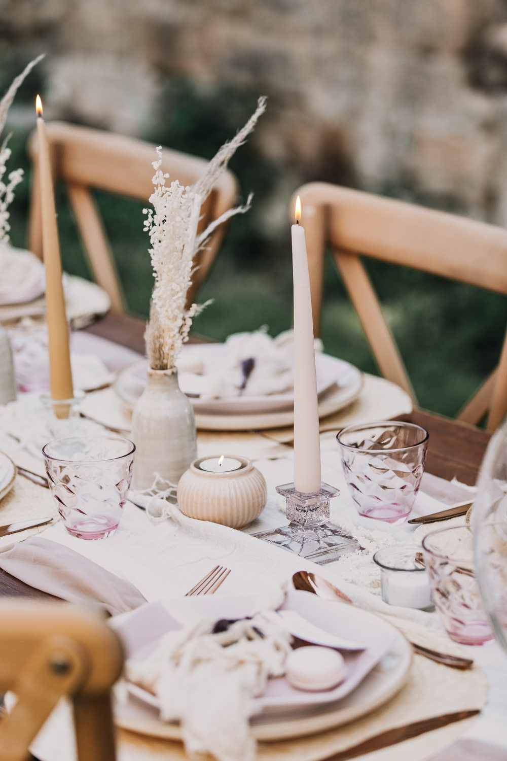 Table Tablescape Decor Pampas Grass Candles Macrame Silk Runner Earthy Boho Wedding Natalie Hamilton Photography