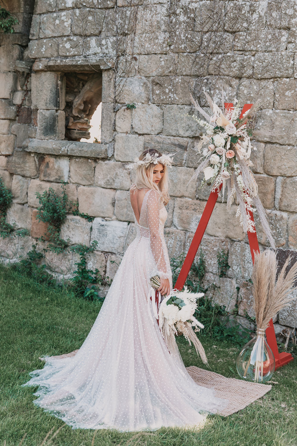 Flower Arch Triangle Florals Pampas Grass Earthy Boho Wedding Natalie Hamilton Photography