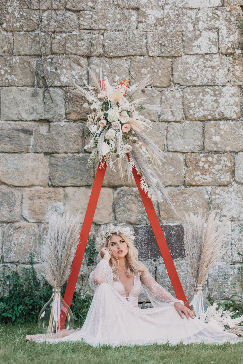Flower Arch Triangle Florals Pampas Grass Earthy Boho Wedding Natalie Hamilton Photography