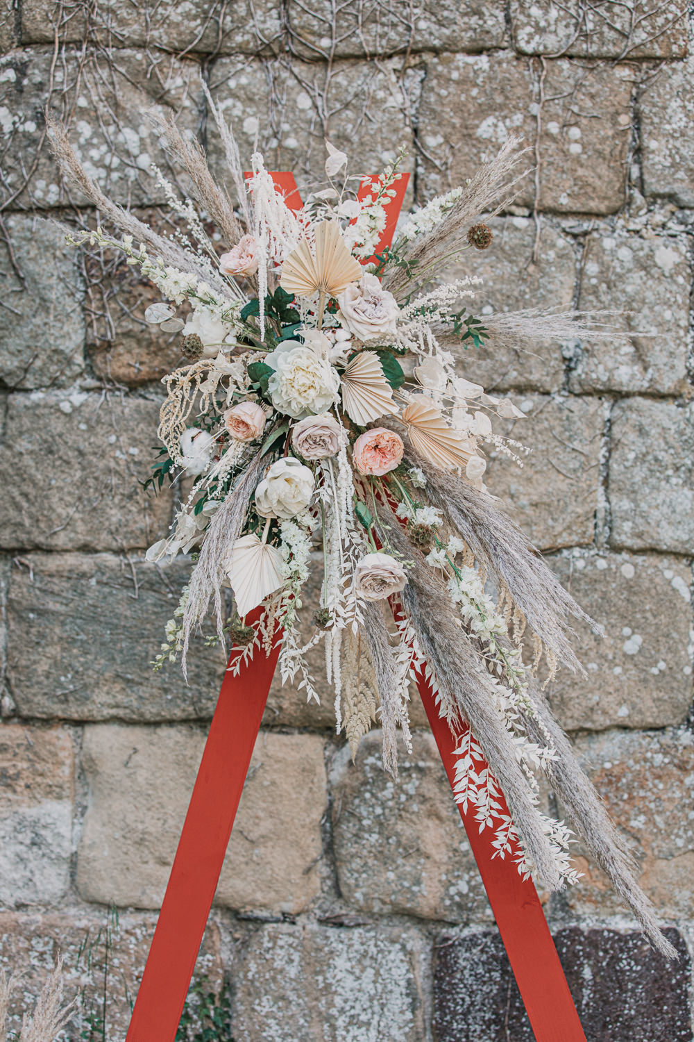Flower Arch Triangle Florals Pampas Grass Earthy Boho Wedding Natalie Hamilton Photography