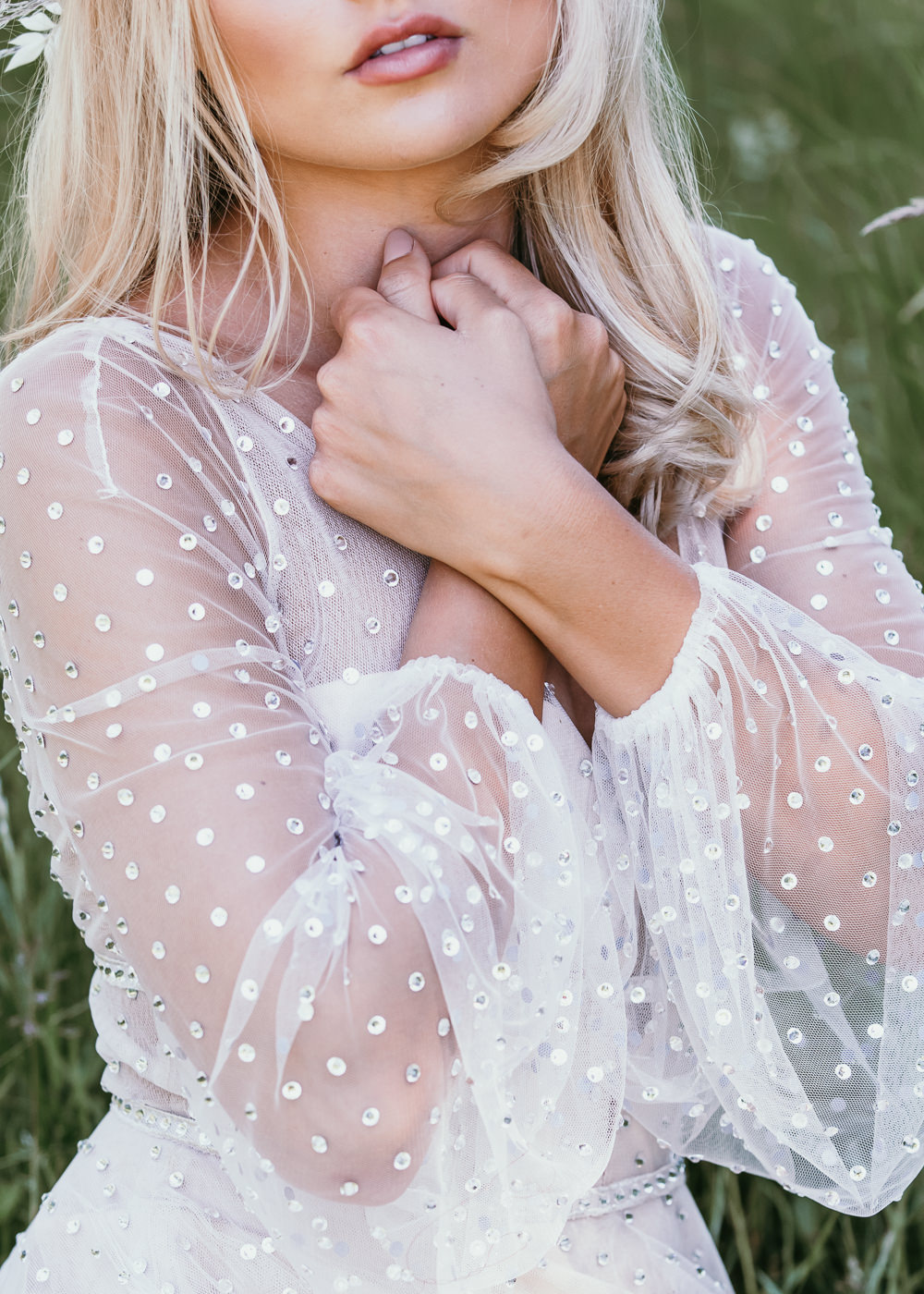 Dress Gown Bride Bridal Willowby by Watters Sparkle Sequin Long Sleeves Tulle Earthy Boho Wedding Natalie Hamilton Photography