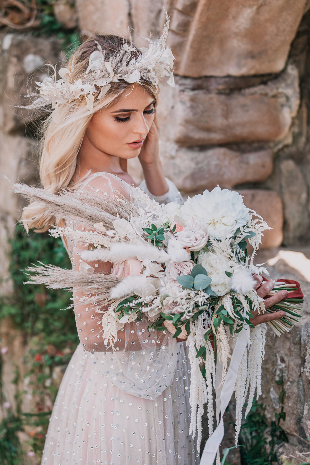 Bouquet Flowers Bride Bridal Pampas Grass Hydrangea Rose Earthy Boho Wedding Natalie Hamilton Photography