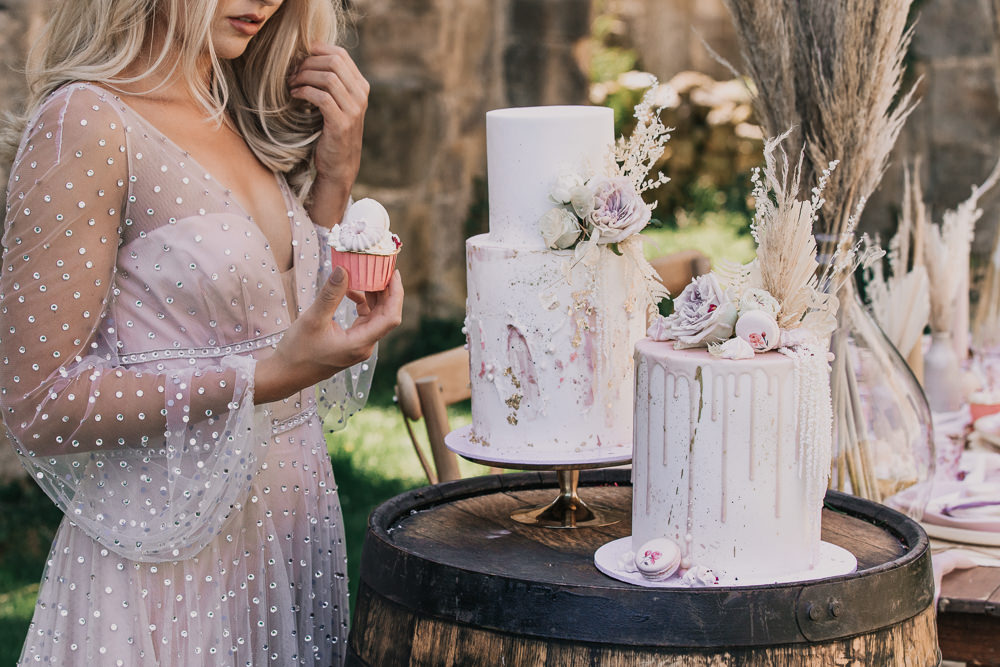 Drip Cake Macaron Flowers Pampas Grass Dried Palm Leaf Table Earthy Boho Wedding Natalie Hamilton Photography