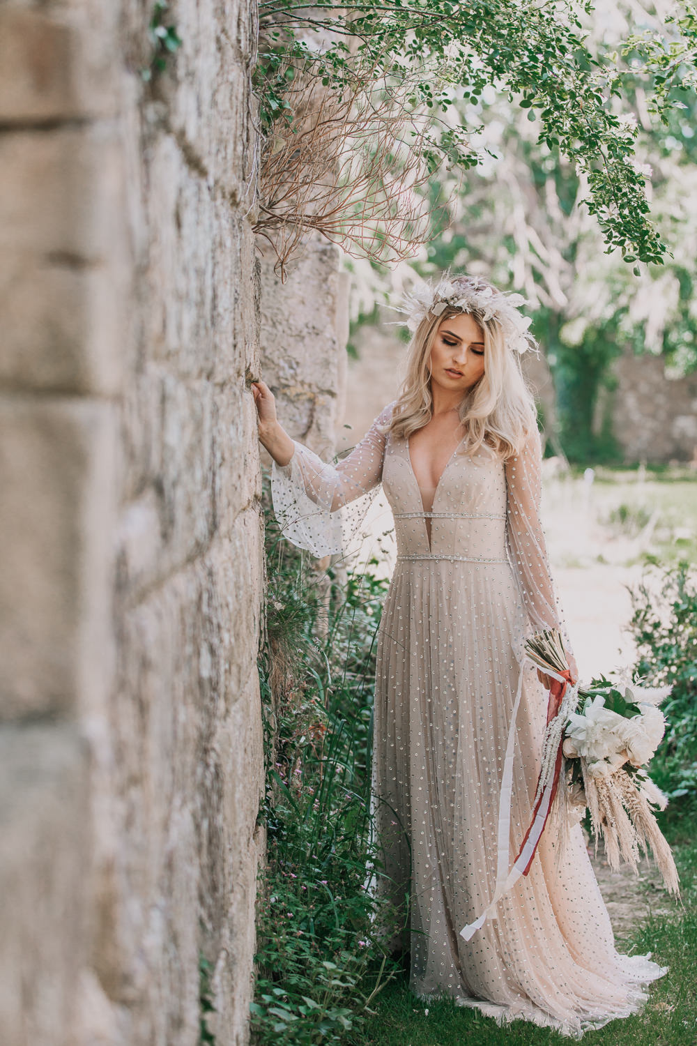 Dress Gown Bride Bridal Willowby by Watters Sparkle Sequin Long Sleeves Tulle Earthy Boho Wedding Natalie Hamilton Photography