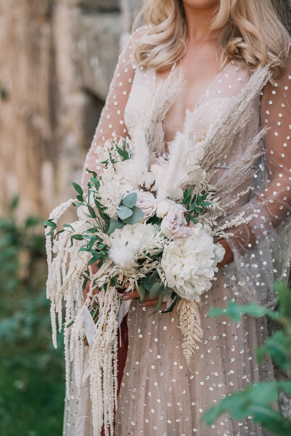 Bouquet Flowers Bride Bridal Pampas Grass Hydrangea Rose Earthy Boho Wedding Natalie Hamilton Photography