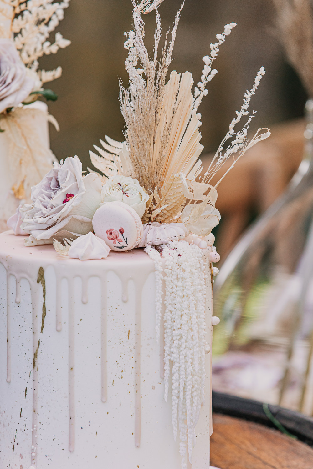 Drip Cake Macaron Flowers Pampas Grass Dried Palm Leaf Earthy Boho Wedding Natalie Hamilton Photography