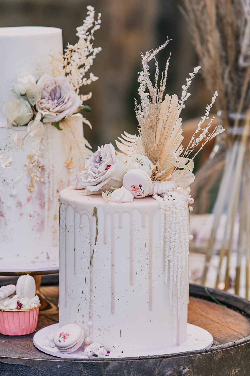 Drip Cake Macaron Flowers Pampas Grass Dried Palm Leaf Earthy Boho Wedding Natalie Hamilton Photography