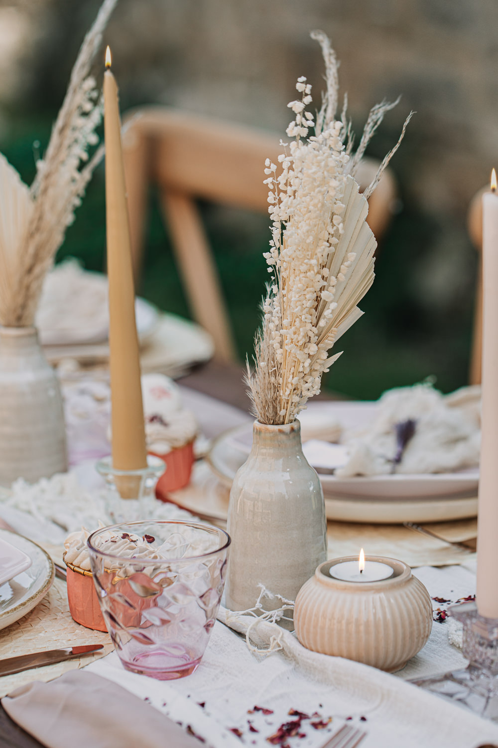 Table Tablescape Decor Pampas Grass Candles Macrame Silk Runner Earthy Boho Wedding Natalie Hamilton Photography