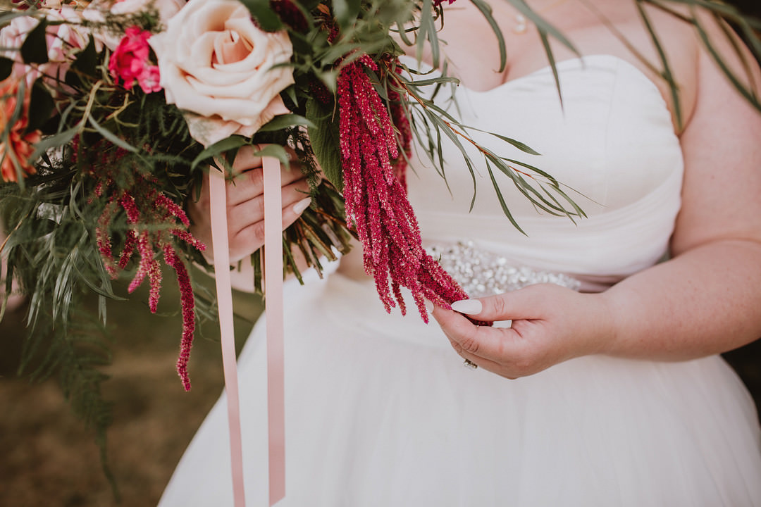 Bouquet Flowers Bride Bridal Rose Amaranthus Blush Red Fairytale Forest Wedding Christina W Kroeker Creative