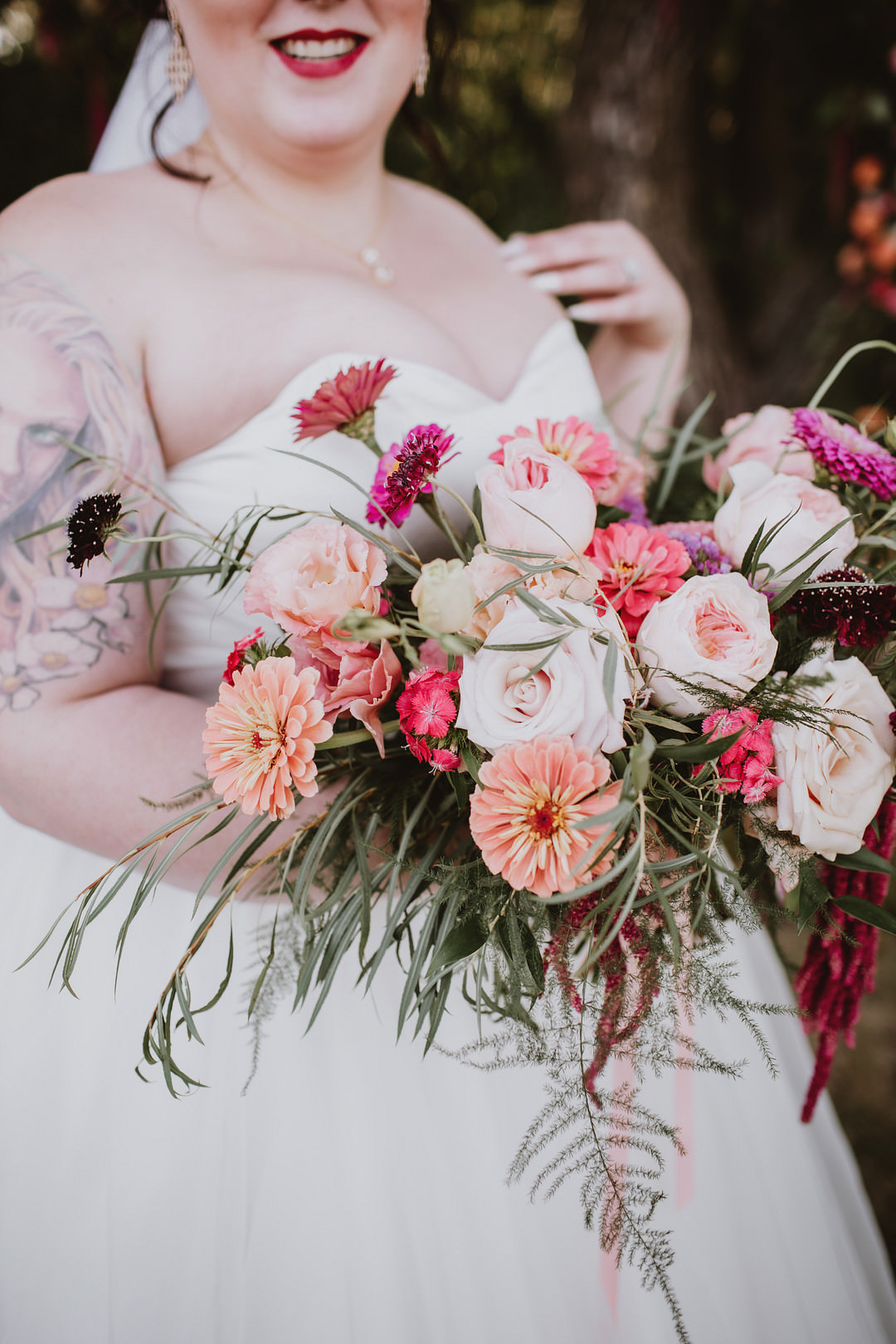 Bouquet Flowers Bride Bridal Rose Amaranthus Blush Red Fairytale Forest Wedding Christina W Kroeker Creative