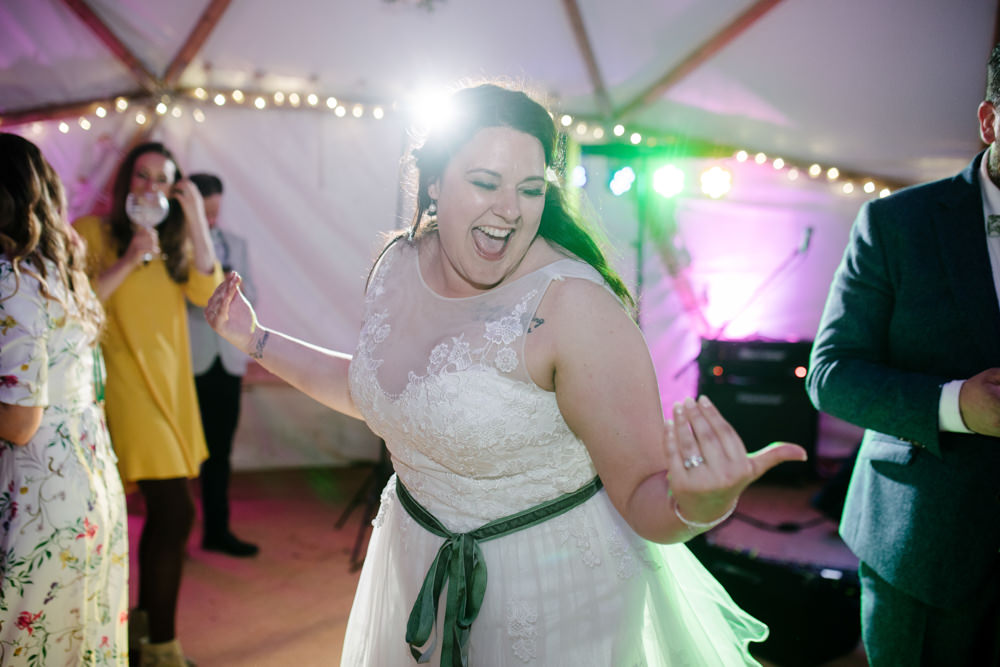 Dress Gown Bride Bridal Lace Green Sash Ribbon Geodome Campsite Wedding Aden Priest Photography