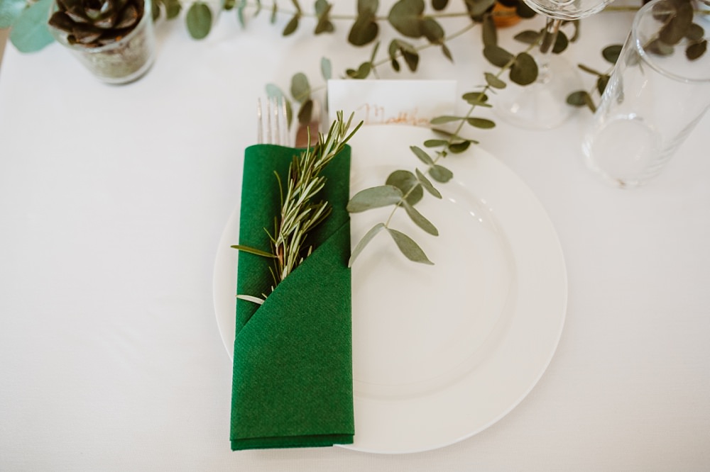 Place Setting Green Napkin Rosemary Greek English Wedding Holly Collings Photography
