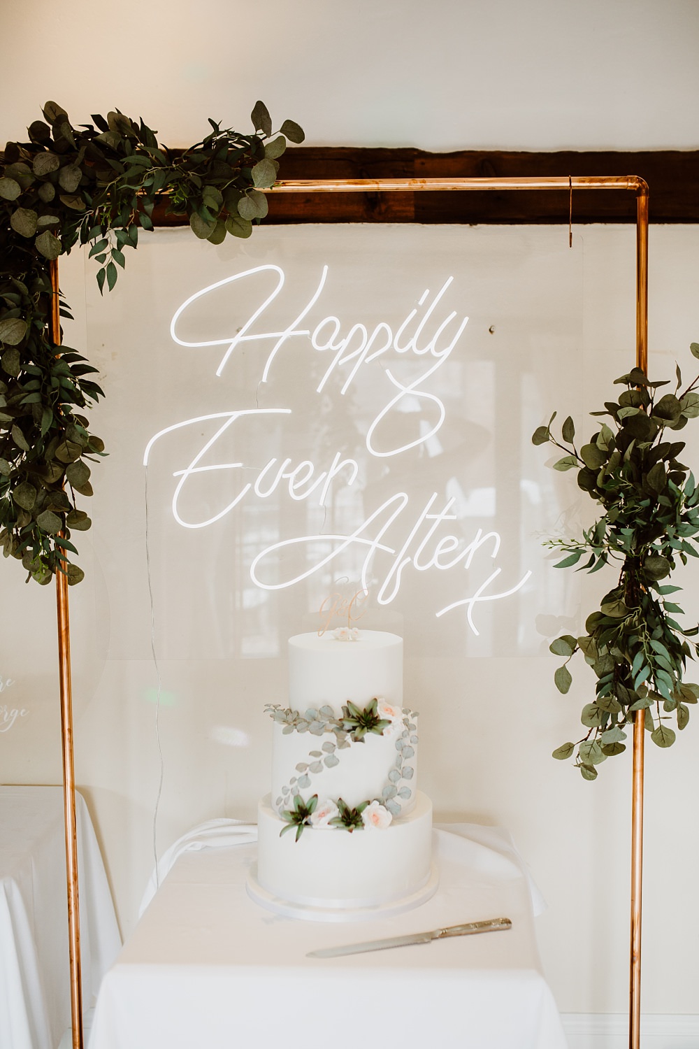 Cake Table Neon Sign Signs Signage Clear Perspex Acrylic Greenery Greek English Wedding Holly Collings Photography