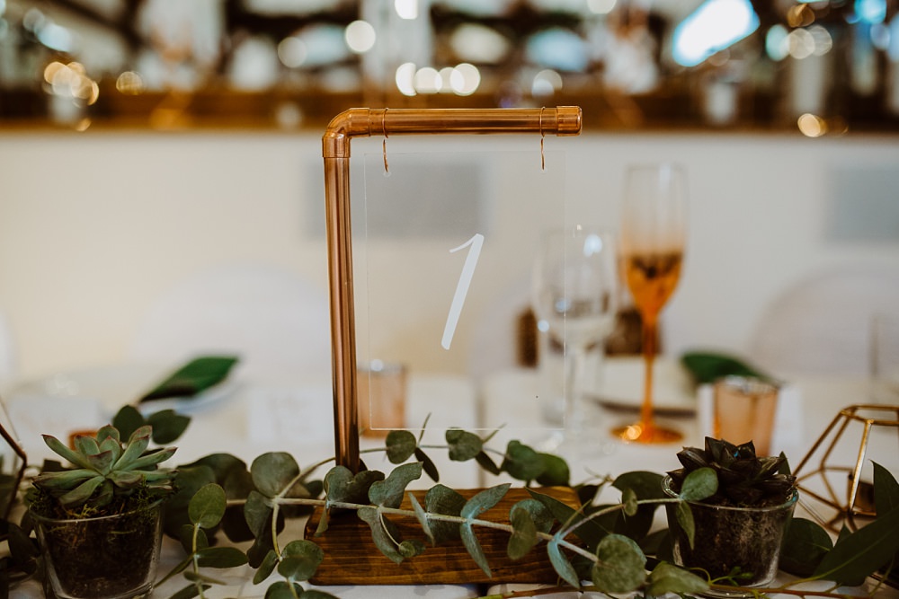 Table Name Number Copper Pipe Glass Greek English Wedding Holly Collings Photography