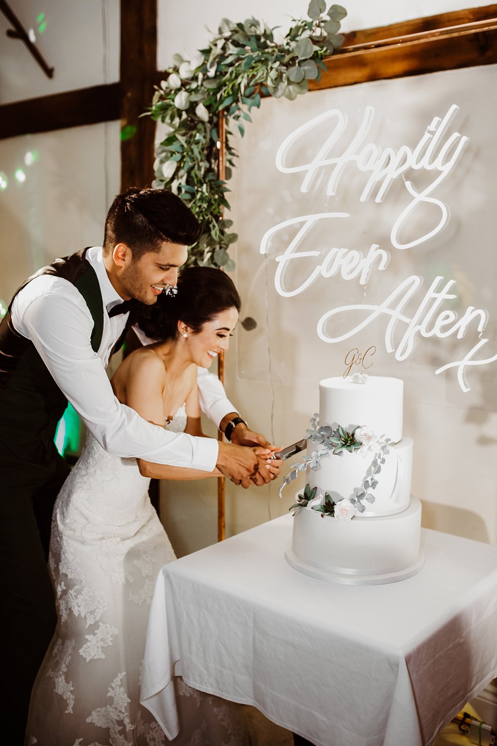 Cake Table Neon Sign Signs Signage Clear Perspex Acrylic Greenery Greek English Wedding Holly Collings Photography