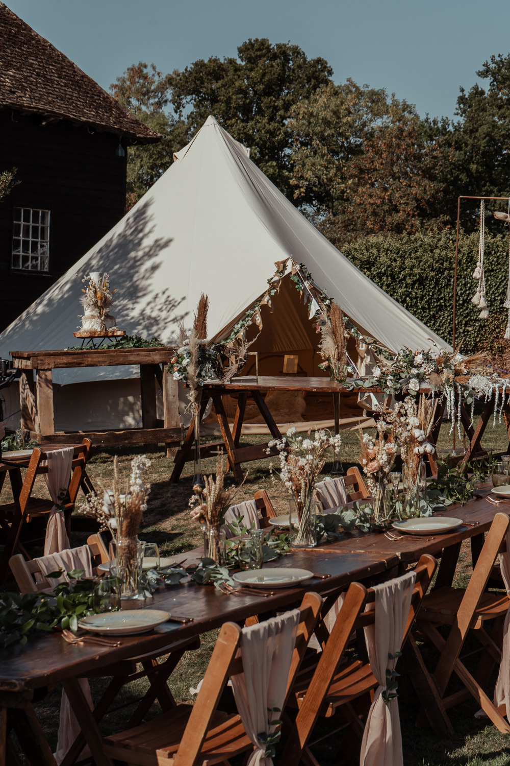 Outdoor Reception Bell Tent Backdrop Rustic Wooden Tables Decor Intimate Wedding Ideas Imogen Eve Photography