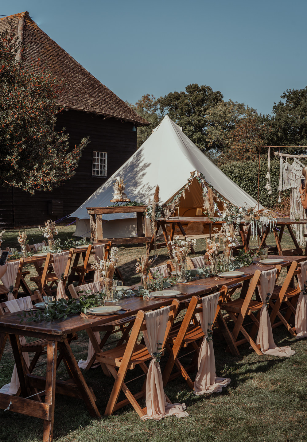 Outdoor Reception Bell Tent Backdrop Rustic Wooden Tables Decor Intimate Wedding Ideas Imogen Eve Photography