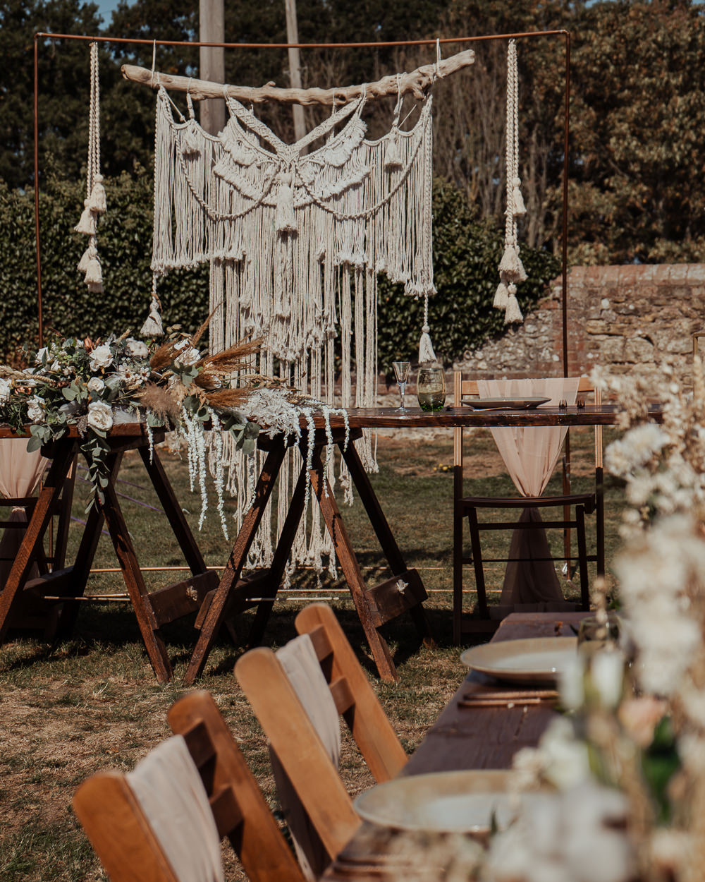 Outdoor Reception Macrame Backdrop Rustic Wooden Tables Decor Intimate Wedding Ideas Imogen Eve Photography
