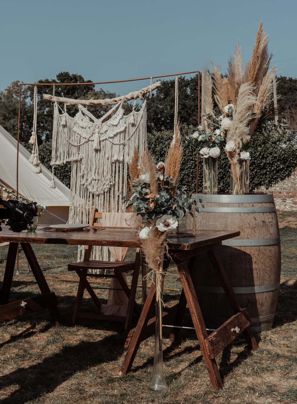 Outdoor Reception Macrame Backdrop Rustic Wooden Tables Decor Intimate Wedding Ideas Imogen Eve Photography