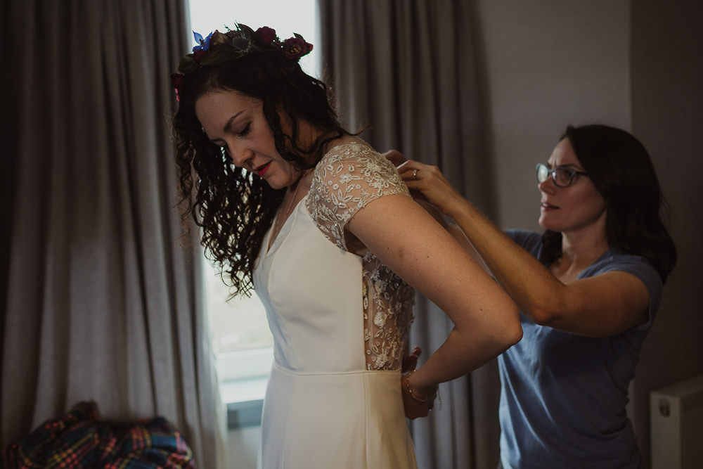 Dress Gown Bride Bridal Lace Sleeves Back Barbara Kachok Isle Of Skye Elopement Maureen Du Preez