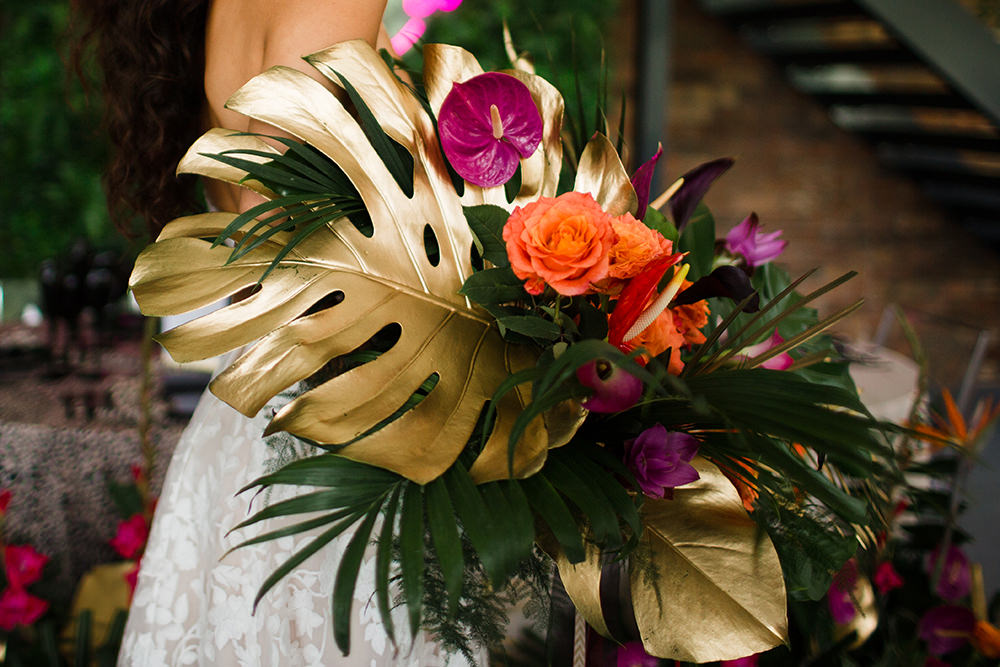 Bouquet Flowers Bride Bridal Tropical Gold Palms Foliage Pink Orange Flamingo Jungle Wedding Ideas Terri Pashley Photography