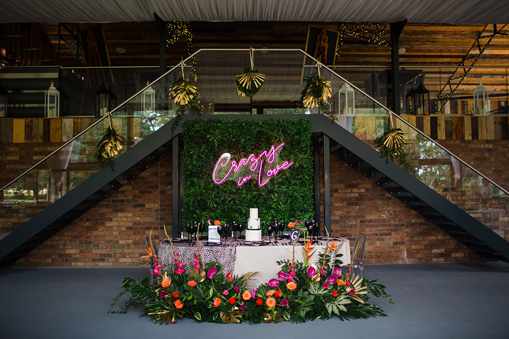 Tablescape Table Decor Pink Orange Tropical Flowers Palm Flower Wall Jungle Wedding Ideas Terri Pashley Photography