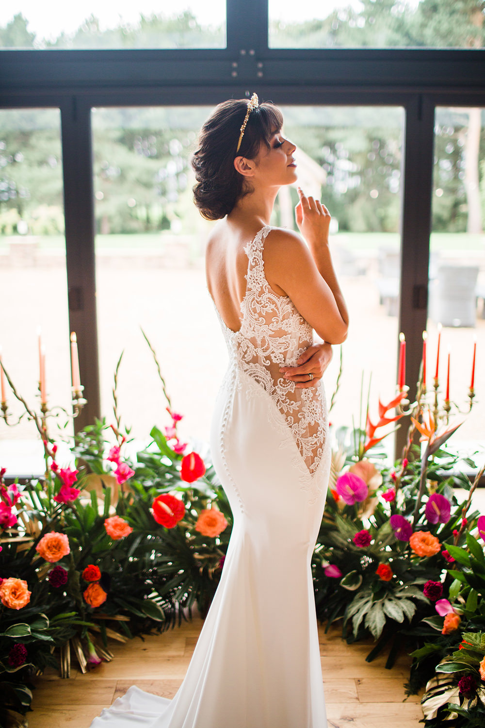 Dress Gown Bride Bridal Illusion Lace Tropical Flowers Pink Orange Lily Jungle Wedding Ideas Terri Pashley Photography