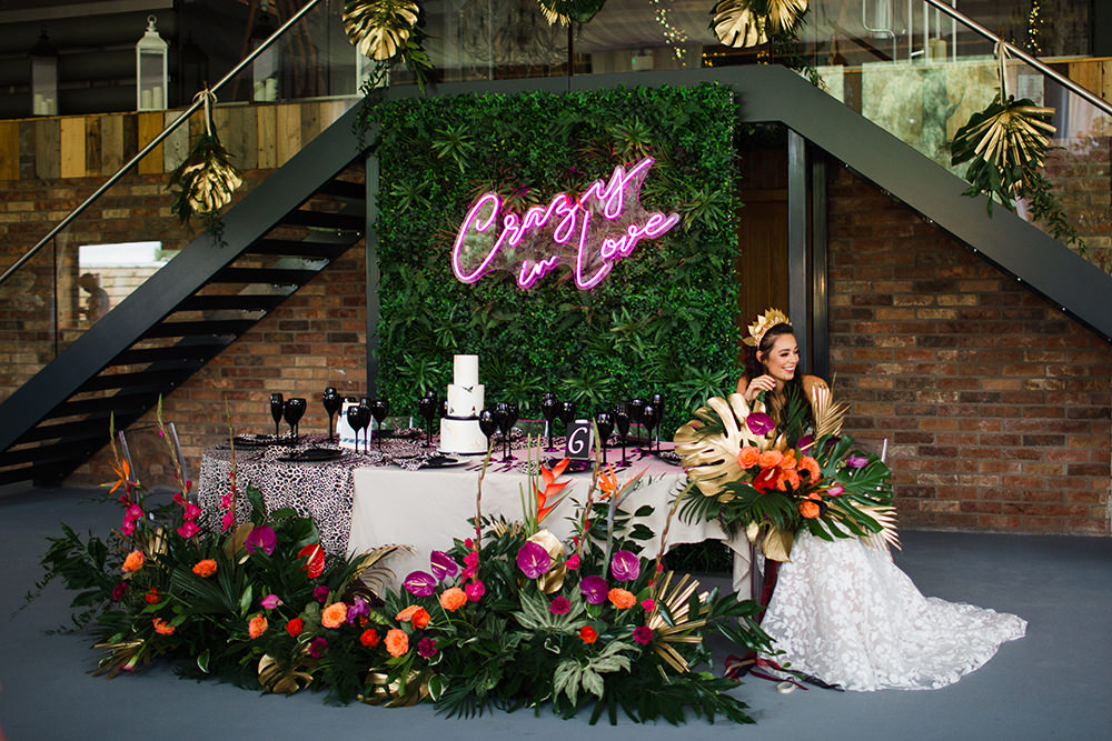 Tablescape Table Decor Pink Orange Tropical Flowers Palm Flower Wall Jungle Wedding Ideas Terri Pashley Photography