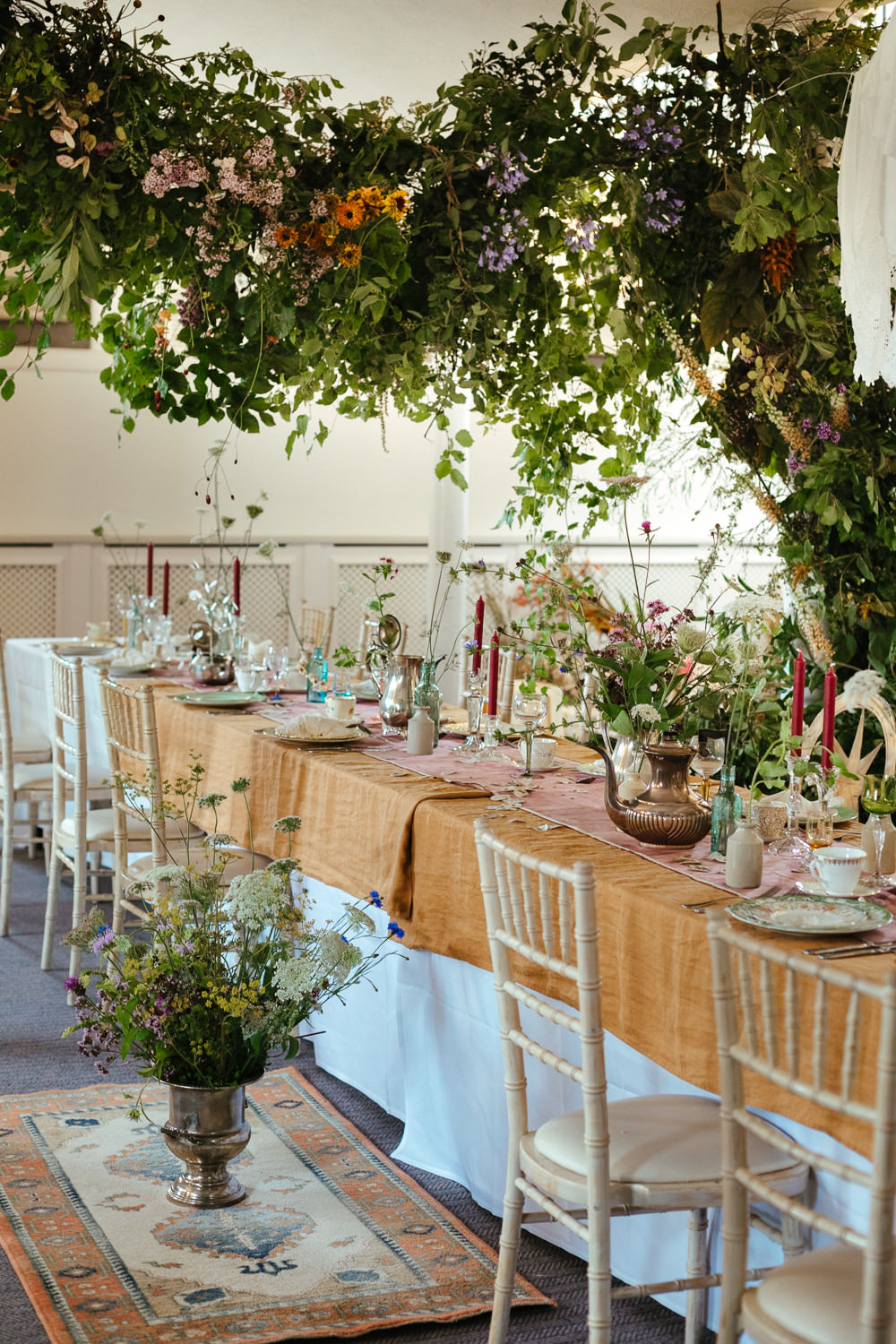 Table Tablescape Flower Installation Hanging Greenery Cloths Vintage Decor Old English Wedding Eneka Stewart