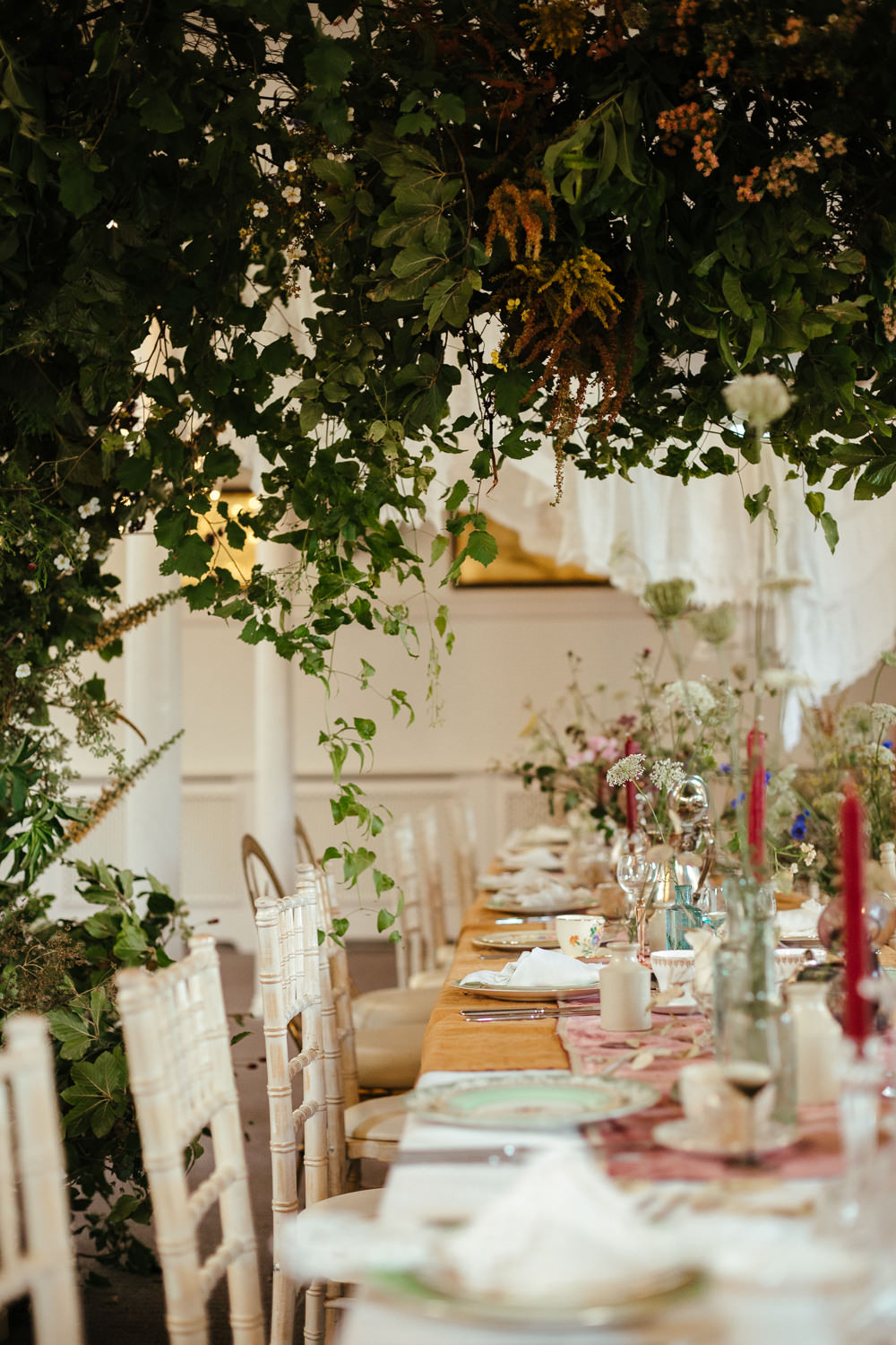 Table Tablescape Flower Installation Hanging Greenery Cloths Vintage Decor Old English Wedding Eneka Stewart