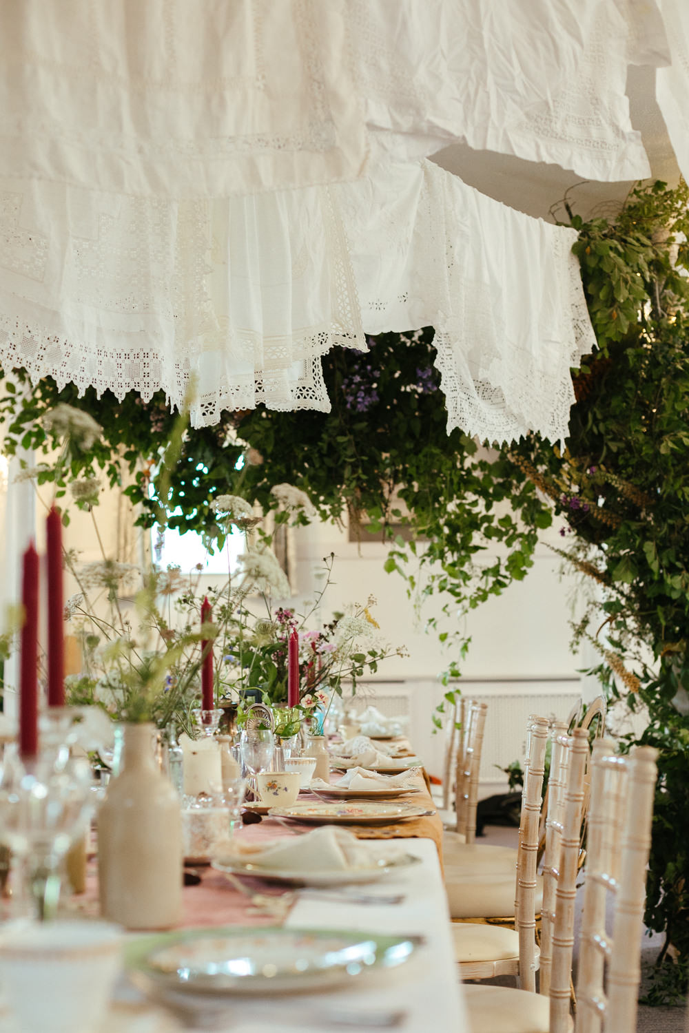 Table Tablescape Flower Installation Hanging Greenery Cloths Vintage Decor Old English Wedding Eneka Stewart
