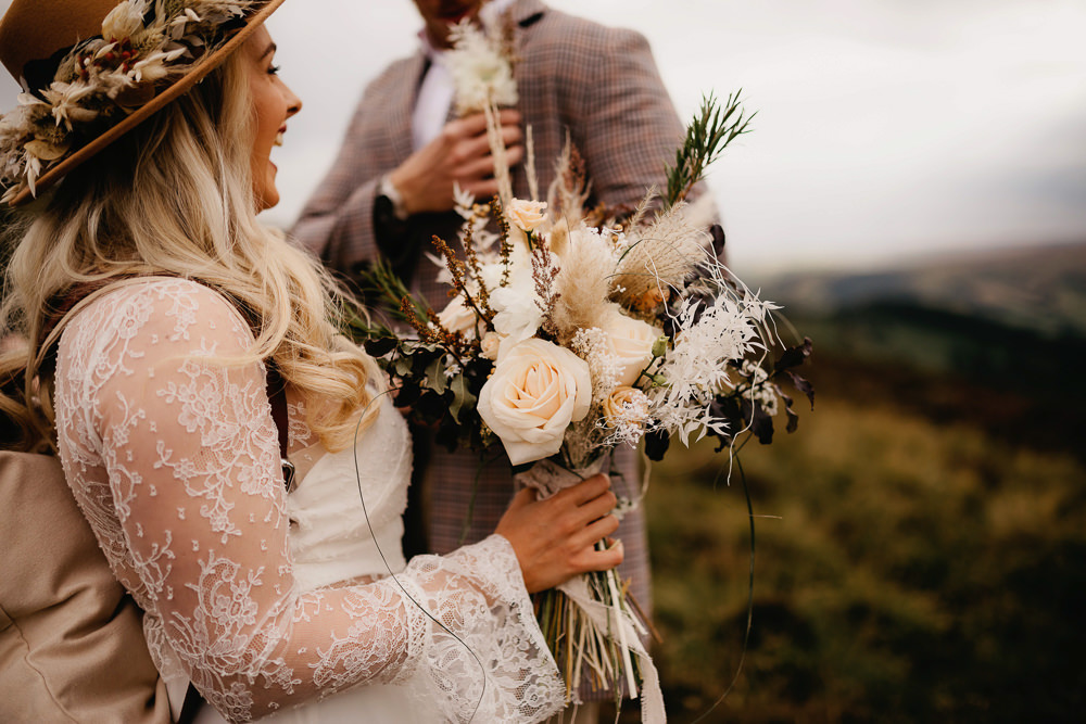 Bouquet Flowers Bride Bridal Pampas Grass Rose Boho Peak District Elopement Fly On The Wall Photography