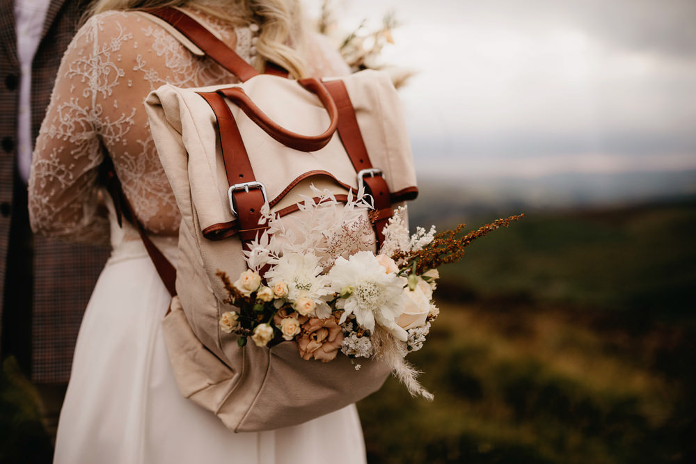 Bag Backpack Flowers Bride Bridal Peak District Elopement Fly On The Wall Photography