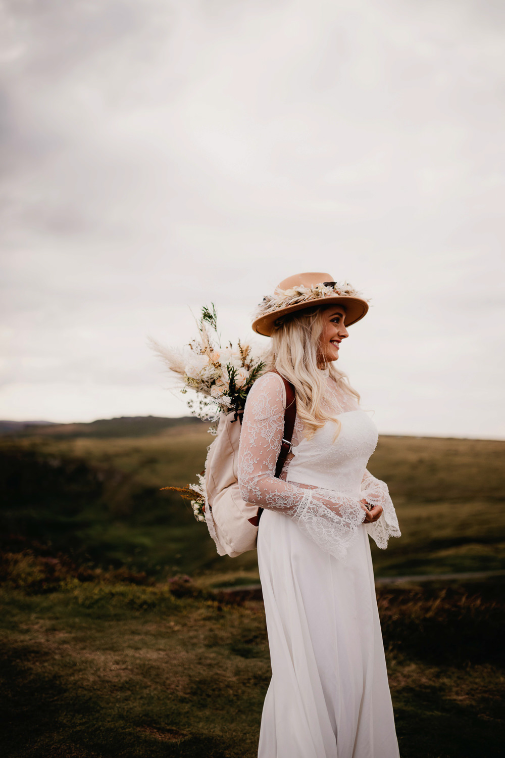 Bride Bridal Dress Gown Lace Sleeves Boho Lisa Lyons Hat Fedora Peak District Elopement Fly On The Wall Photography