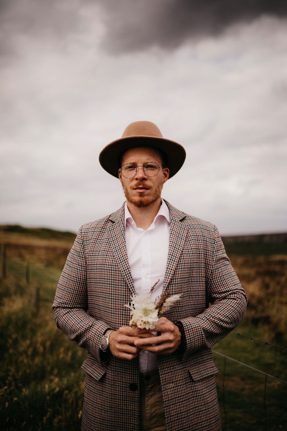 Groom Fedora Hat Check Jacket Peak District Elopement Fly On The Wall Photography